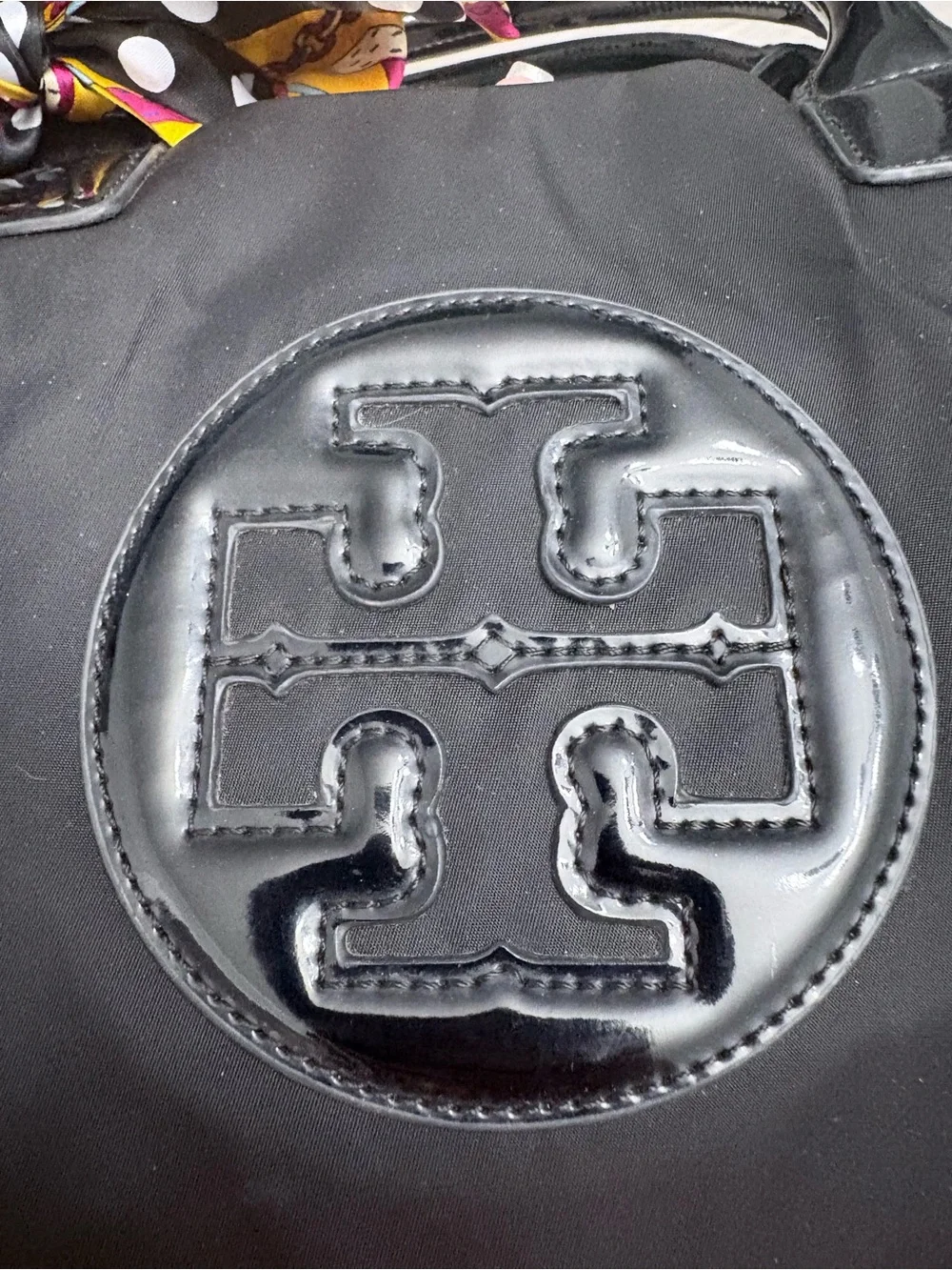 🖤 TORY BURCH Black Small Ella Nylon Tote with Patent Logo & tan interior